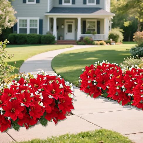الزهور الاصطناعية للخارجية، زهور البونسيتة الحمراء لعيد الميلاد، 12 حزمة من النباتات المزيفة المختلطة المقاومة للأشعة فوق البنفسجية، زهور صناعية للمزارعين في الهواء الطلق، حديقة الشرفة، الفناء، ديكور المنزل الشتوي in Kuwait
