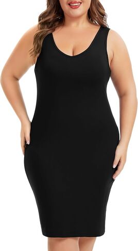 المرأة حجم كبير فستان كامل زلة لينة الخامس الرقبة تحت فستان بلا أكمام تانك الأعلى فستان واسع حزام زلة ثوب النوم XL-5XL in Kuwait