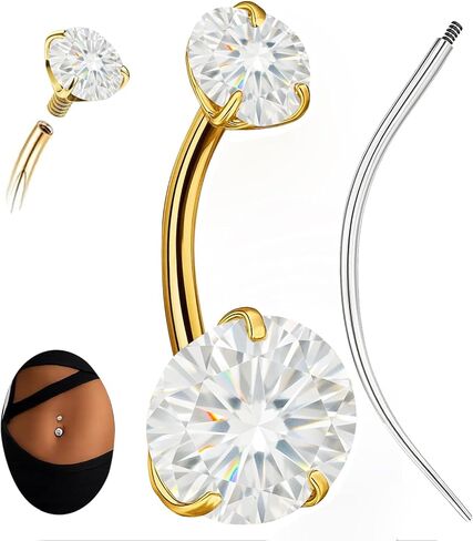 Sparkling Moissanite Belly Button Ring, 14G G23 Surgical Grade Titanium with 14K Gold Plated | Internally Threaded & Hypoallergenic for Sensitive Skin | Unisex Body Jewelry in Saudi Arabia