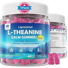 L Theanine Calm Gummies 500mg, Sugar-Free Liposomal L-Theanine Supplement, w/Safforn, Magnesium Glycinate, GABA, Ashwagandha, Algae Omega-3, Vitamin D3 B12, for Brain Calm, Relax, Mood, Zzz, 120Cts in Kuwait