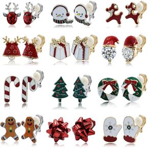 12 Pairs Christmas Clip on Earrings Cute Snowman Tree Moose Gloves Bells Socks Santa Festive Holiday Earrings Set in Kuwait