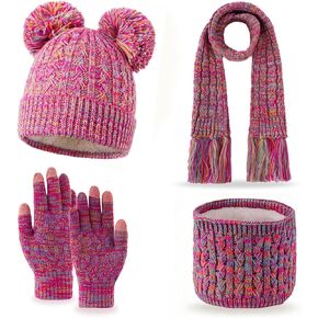 مجموعة من 4 قطع من قفازات الشتاء للأطفال، قبعة صغيرة للفتيات الصغيرات مع بوم محبوكة لتدفئة الرقبة وقفازات تعمل باللمس للفتيات والأولاد in Kuwait