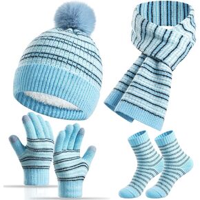 Kids Winter Hat Gloves Scarf Socks Set 4Pcs, Toddler Pom Beanie Warm Knit Scarf Fleece Mittens Socks for Girls Boys Aged 3-8 in Saudi Arabia