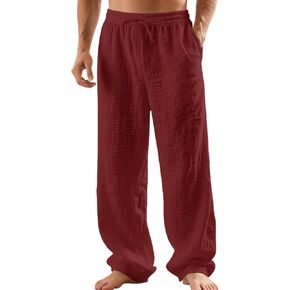 Mens Linen Pants Yoga Beach Loose Fit Casual Summer Elastic Waist Drawstring Baggy Trousers with Pockets in Kuwait