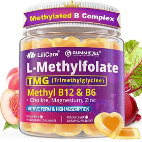 L-MethylFolate 15mg 7.5mg & B12 1000 mcg Gummies, Methylated B Complex + TMG, Magnesium, Choline - Active 5-MTHF(B9) + Methyl B12, B6, Multivitamin - Support Methylation, Cognition, Mood, Sugar Free in Kuwait