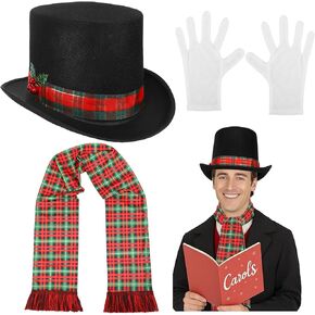 Shihanee 3 Pcs Classic Carol Costume Man Christmas Top Hat with Plaid Band Holly and Jingle Berries Bells Ugly Sweater Party Hats for Classic Costume for Adults Top Hat Snowman Tree Topper in Saudi Arabia
