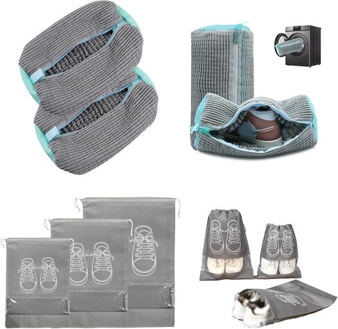 Shoe Washing Machine Bag, Shoe Laundry Bag for Washer and Dryer,360 Degrees Wrap-Around Cleaning,Reusable,Durable Zipper(2 PCS washing bag and 3 Pcs shoe bags(SML)) (Gray) in Saudi Arabia