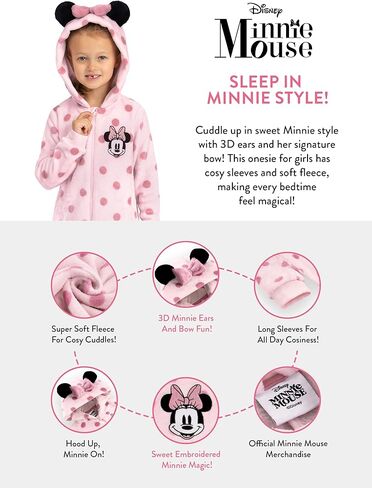 Disney Minnie Mouse Onesie, Girls Onesie With Minnie Mouse Ears And Bow, Fleece Girls Pajamas in Kuwait
