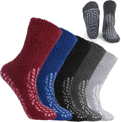 5 Pairs Double Tread Fuzzy Socks Non Slip Cozy Slipper Socks 360 All-around Tread Fuzzy Cozy Anti Skid Anklets Hospital for Bariatric Patient or Seniors, Warm Stopping Safety Fall Prevention in Saudi Arabia