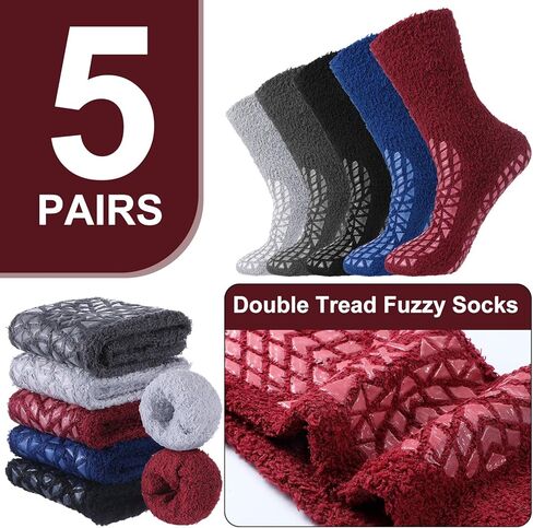 5 Pairs Double Tread Fuzzy Socks Non Slip Cozy Slipper Socks 360 All-around Tread Fuzzy Cozy Anti Skid Anklets Hospital for Bariatric Patient or Seniors, Warm Stopping Safety Fall Prevention in Saudi Arabia