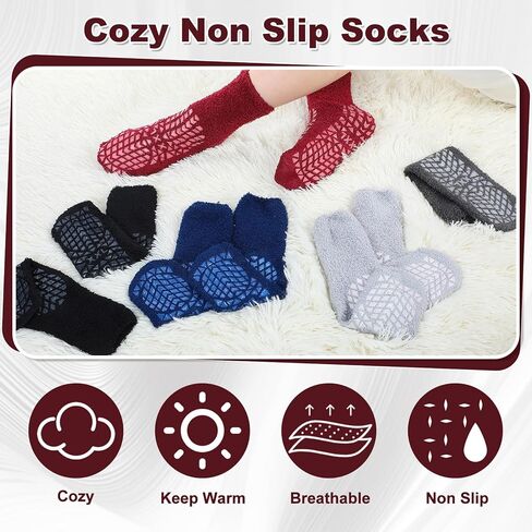 5 Pairs Double Tread Fuzzy Socks Non Slip Cozy Slipper Socks 360 All-around Tread Fuzzy Cozy Anti Skid Anklets Hospital for Bariatric Patient or Seniors, Warm Stopping Safety Fall Prevention in Saudi Arabia