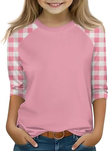 Shirts for Girls 3/4 Sleeve Crew Neck Graphic Blouses Cute Three Quarter Sleeve Tops Summer Curved Hem Kids Clothes in Saudi Arabia