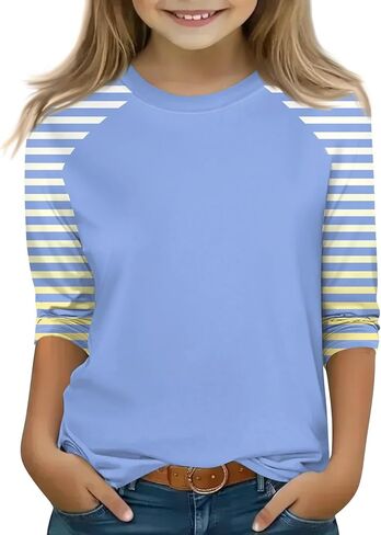 Shirts for Girls 3/4 Sleeve Crew Neck Graphic Blouses Cute Three Quarter Sleeve Tops Summer Curved Hem Kids Clothes in Saudi Arabia
