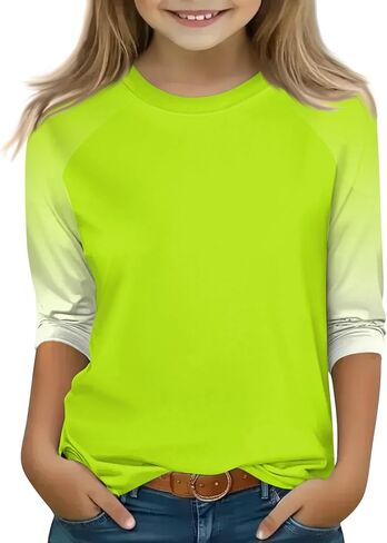Shirts for Girls 3/4 Sleeve Crew Neck Graphic Blouses Cute Three Quarter Sleeve Tops Summer Curved Hem Kids Clothes in Saudi Arabia