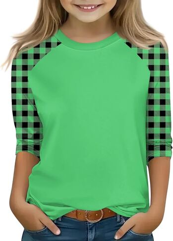 Shirts for Girls 3/4 Sleeve Crew Neck Graphic Blouses Cute Three Quarter Sleeve Tops Summer Curved Hem Kids Clothes in Saudi Arabia