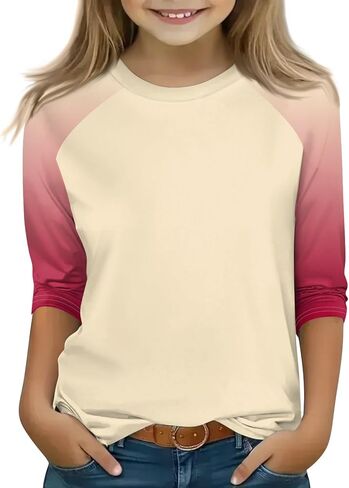 Shirts for Girls 3/4 Sleeve Crew Neck Graphic Blouses Cute Three Quarter Sleeve Tops Summer Curved Hem Kids Clothes in Saudi Arabia