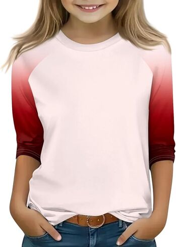 Shirts for Girls 3/4 Sleeve Crew Neck Graphic Blouses Cute Three Quarter Sleeve Tops Summer Curved Hem Kids Clothes in Saudi Arabia