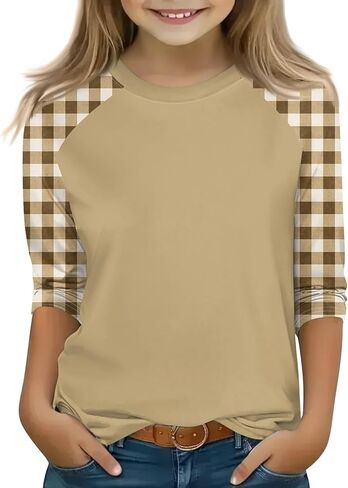 Shirts for Girls 3/4 Sleeve Crew Neck Graphic Blouses Cute Three Quarter Sleeve Tops Summer Curved Hem Kids Clothes in Saudi Arabia