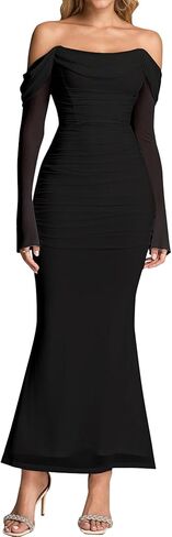KUTUMAI Off Shoulder Long Sleeve Maxi Dress Corset Bodycon Ruched Cocktail Formal Wedding Guest Dresses for Women Fall in Saudi Arabia