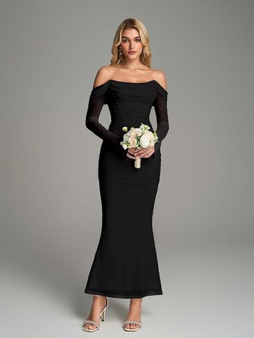 KUTUMAI Off Shoulder Long Sleeve Maxi Dress Corset Bodycon Ruched Cocktail Formal Wedding Guest Dresses for Women Fall in Saudi Arabia