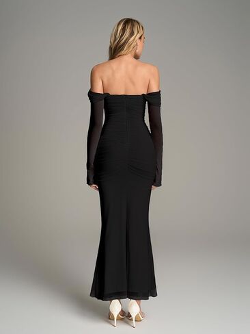 KUTUMAI Off Shoulder Long Sleeve Maxi Dress Corset Bodycon Ruched Cocktail Formal Wedding Guest Dresses for Women Fall in Saudi Arabia