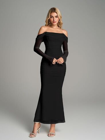 KUTUMAI Off Shoulder Long Sleeve Maxi Dress Corset Bodycon Ruched Cocktail Formal Wedding Guest Dresses for Women Fall in Saudi Arabia
