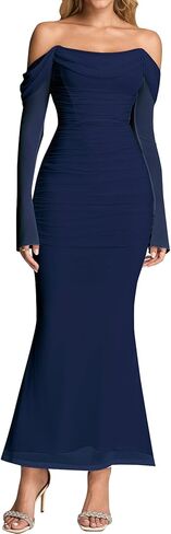 KUTUMAI Off Shoulder Long Sleeve Maxi Dress Corset Bodycon Ruched Cocktail Formal Wedding Guest Dresses for Women Fall in Saudi Arabia