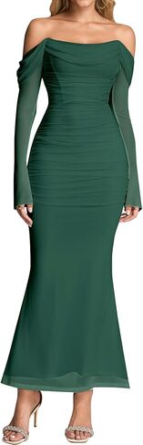 KUTUMAI Off Shoulder Long Sleeve Maxi Dress Corset Bodycon Ruched Cocktail Formal Wedding Guest Dresses for Women Fall in Saudi Arabia