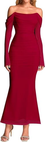 KUTUMAI Off Shoulder Long Sleeve Maxi Dress Corset Bodycon Ruched Cocktail Formal Wedding Guest Dresses for Women Fall in Saudi Arabia