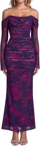 KUTUMAI Off Shoulder Long Sleeve Maxi Dress Corset Bodycon Ruched Cocktail Formal Wedding Guest Dresses for Women Fall in Saudi Arabia