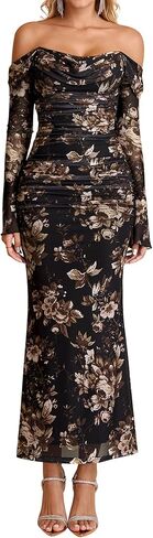 KUTUMAI Off Shoulder Long Sleeve Maxi Dress Corset Bodycon Ruched Cocktail Formal Wedding Guest Dresses for Women Fall in Saudi Arabia