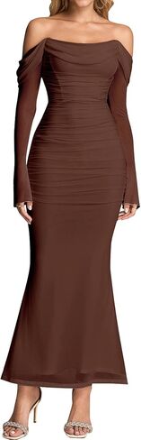 KUTUMAI Off Shoulder Long Sleeve Maxi Dress Corset Bodycon Ruched Cocktail Formal Wedding Guest Dresses for Women Fall in Saudi Arabia