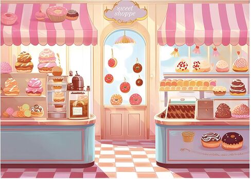 MAQTT Sweet Shoppe خلفية للفتيات حفلة عيد ميلاد الديكور الوردي الحلو Shoppe خلفية التصوير الفوتوغرافي لاستحمام الطفل لطيف كريم كعكة الصورة كشك استوديو كعكة ديكور الجدول 7X5ft in Kuwait