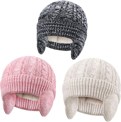 3 Pack Hats with Earflaps for Kids, Knitted Beanie Fleece Lined Winter Hat for 3-8 Girls Boys in Saudi Arabia