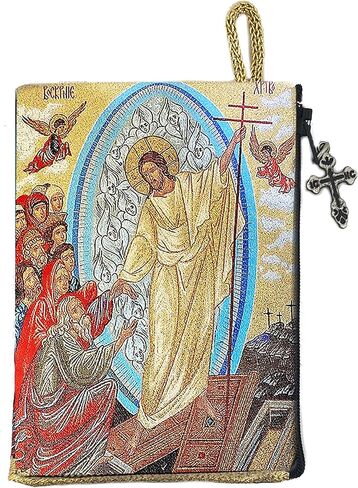 Resurrection of Christ, Tapestry Icon Pouch, Bible Verse Zippered Rosary Case, Double Sided, 5.5 Inches in Saudi Arabia