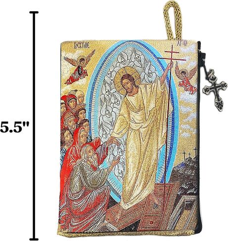 Resurrection of Christ, Tapestry Icon Pouch, Bible Verse Zippered Rosary Case, Double Sided, 5.5 Inches in Saudi Arabia