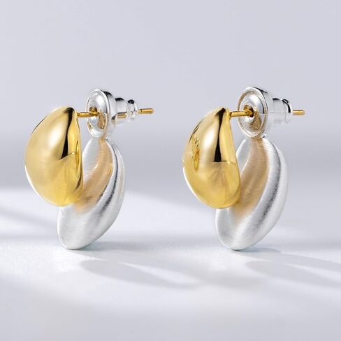 Two-Tone Chunky Oval Ball Earrings for Women, 2 in 1 Gold Silver Front and Back Stud Earrings, Lightweight 925 Sterling Silver Post, Fashion Jewelry Gift in Saudi Arabia