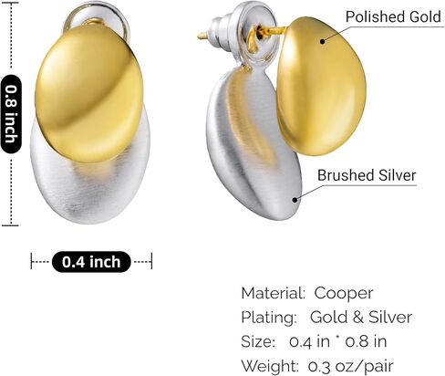Two-Tone Chunky Oval Ball Earrings for Women, 2 in 1 Gold Silver Front and Back Stud Earrings, Lightweight 925 Sterling Silver Post, Fashion Jewelry Gift in Saudi Arabia