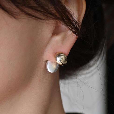 Two-Tone Chunky Oval Ball Earrings for Women, 2 in 1 Gold Silver Front and Back Stud Earrings, Lightweight 925 Sterling Silver Post, Fashion Jewelry Gift in Saudi Arabia