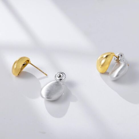 Two-Tone Chunky Oval Ball Earrings for Women, 2 in 1 Gold Silver Front and Back Stud Earrings, Lightweight 925 Sterling Silver Post, Fashion Jewelry Gift in Saudi Arabia