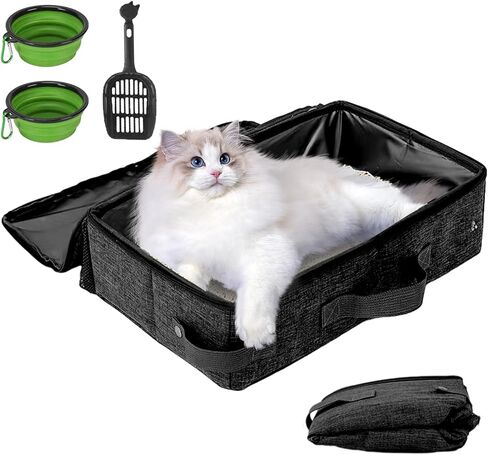 Folding Portable Cat Litter Box with Lid, 16' * 12' * 6' inch, Collapsible Cat Travel Litter Box with Zipper, No Leakage, Lightweight, Easy to Use in Kuwait