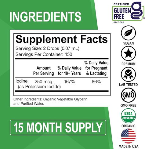 قطرات اليود السائلة يوديد البوتاسيوم - إمداد لمدة عام واحد، مكملات قطرات اليود العضوية النقية والشفافة بالإضافة إلى دعم الغدة الدرقية - مكمل سائل يوديد البوتاسيوم العضوي، صبغة مكملات الغدة الدرقية، 1 أونصة سائلة in Kuwait