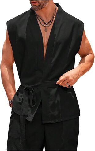OYOANGLE Men's Open Front Belted Tank Top Japanese Style Sleeveless Boho Vest Tops in Saudi Arabia