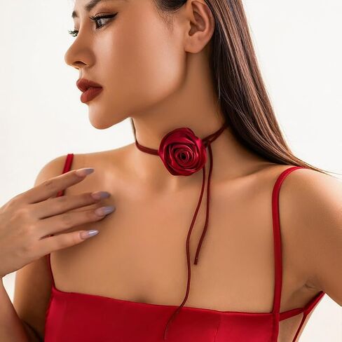 Vintage Large Red Flower Necklace for Women, Exquisite Big Velvet Fabric Floral Collar Choker Necklaces Y2K Charm Valentine Party Prom Jewelry Gifts in Saudi Arabia