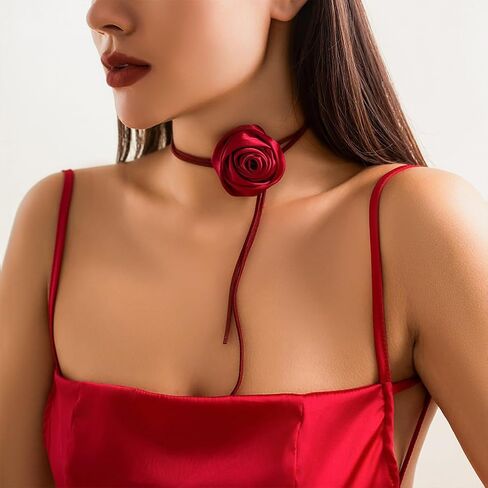 Vintage Large Red Flower Necklace for Women, Exquisite Big Velvet Fabric Floral Collar Choker Necklaces Y2K Charm Valentine Party Prom Jewelry Gifts in Saudi Arabia