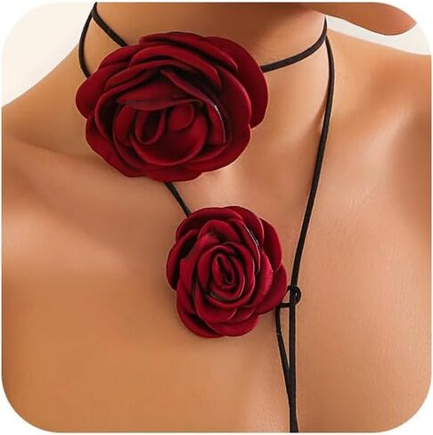 Vintage Large Red Flower Necklace for Women, Exquisite Big Velvet Fabric Floral Collar Choker Necklaces Y2K Charm Valentine Party Prom Jewelry Gifts in Saudi Arabia
