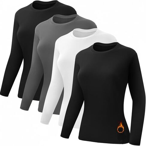 Coume 4 Pack Women's Thermal Shirts Fleece Lined Compression Crew Neck Long Sleeve Base Layer Tops Cold Weather in Kuwait