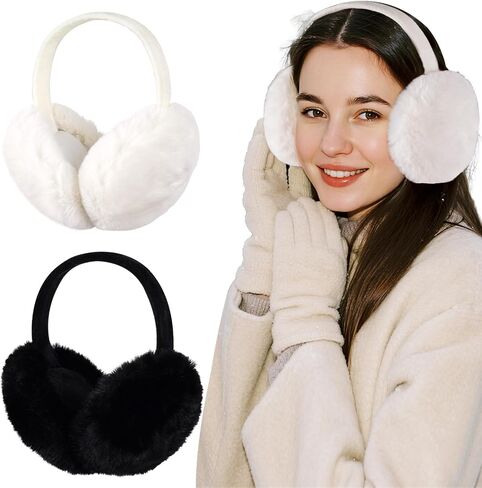 2 Pcs Ear Muffs for Winter Women Faux Fur Fuzzy Earmuffs White Black Fluffy Earmuffs for Women in Saudi Arabia