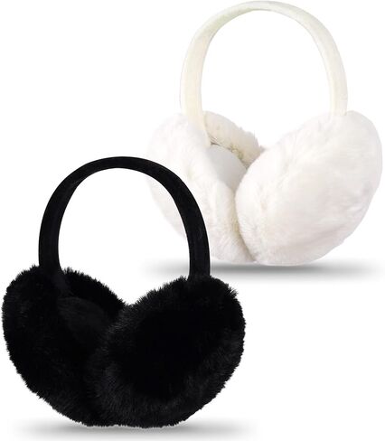 2 Pcs Ear Muffs for Winter Women Faux Fur Fuzzy Earmuffs White Black Fluffy Earmuffs for Women in Saudi Arabia