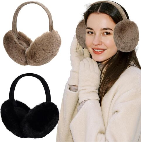 2 Pcs Ear Muffs for Winter Women Faux Fur Fuzzy Earmuffs White Black Fluffy Earmuffs for Women in Saudi Arabia